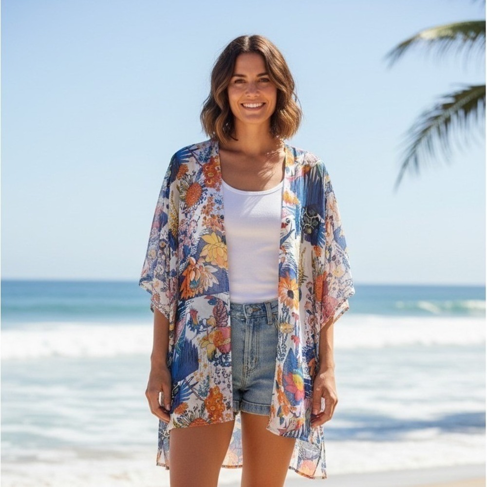 Womens Tropical Floral Bird Print Sheer Kimono Cardigan Open Front Boho Coverup